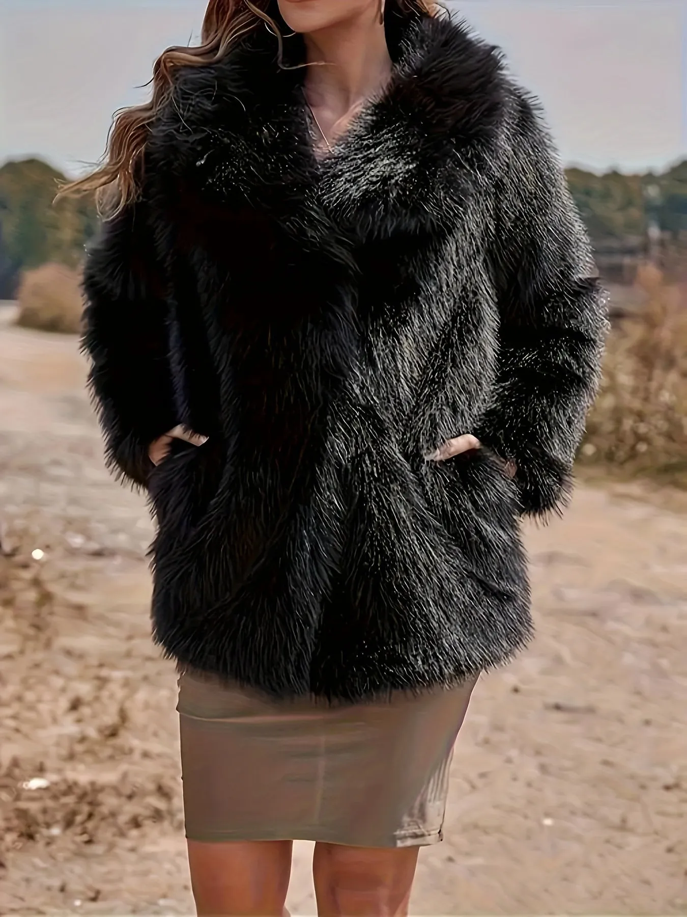 Elegant Womens Long Faux Fur Coat  Warm  Stylish