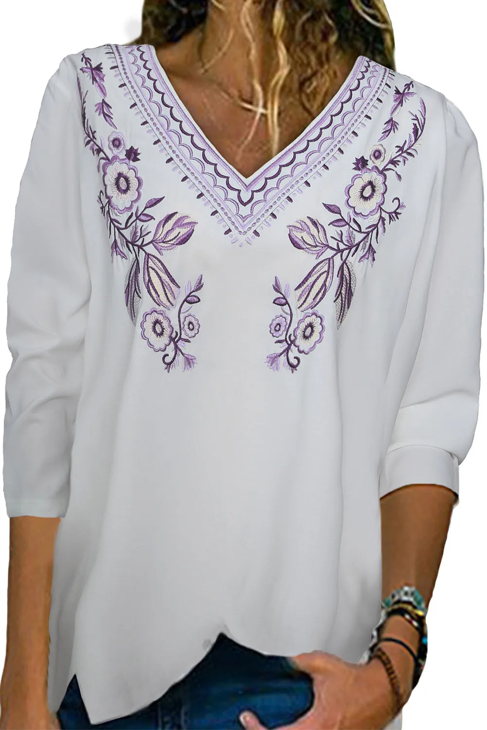 Embroidered V Neck Blouse