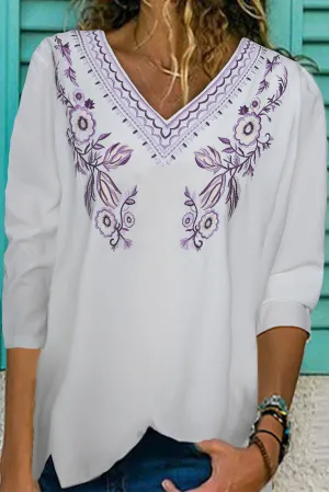 Embroidered V Neck Blouse