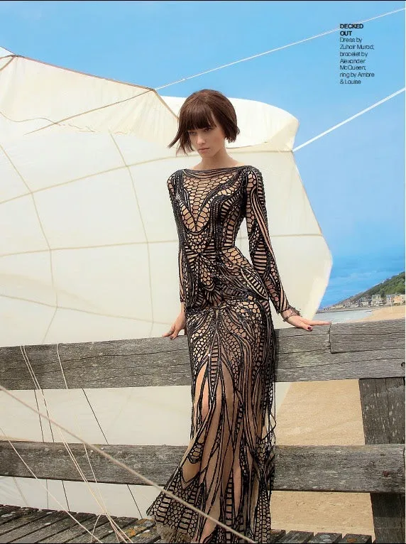 Fall 2014 Zuhair Murad Runway Look 44 Black Sequin & Tube Bead in Nude Netting Dress