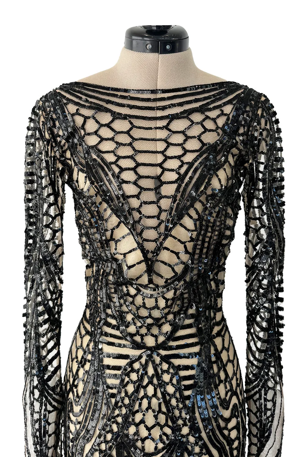 Fall 2014 Zuhair Murad Runway Look 44 Black Sequin & Tube Bead in Nude Netting Dress