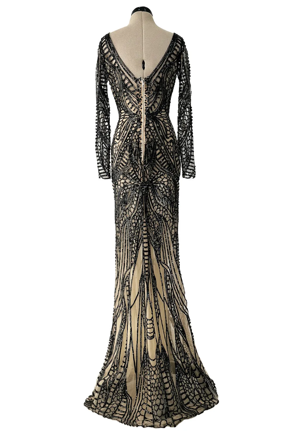 Fall 2014 Zuhair Murad Runway Look 44 Black Sequin & Tube Bead in Nude Netting Dress