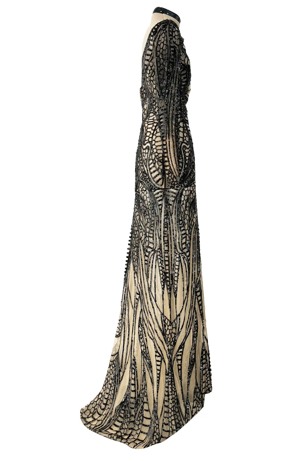 Fall 2014 Zuhair Murad Runway Look 44 Black Sequin & Tube Bead in Nude Netting Dress