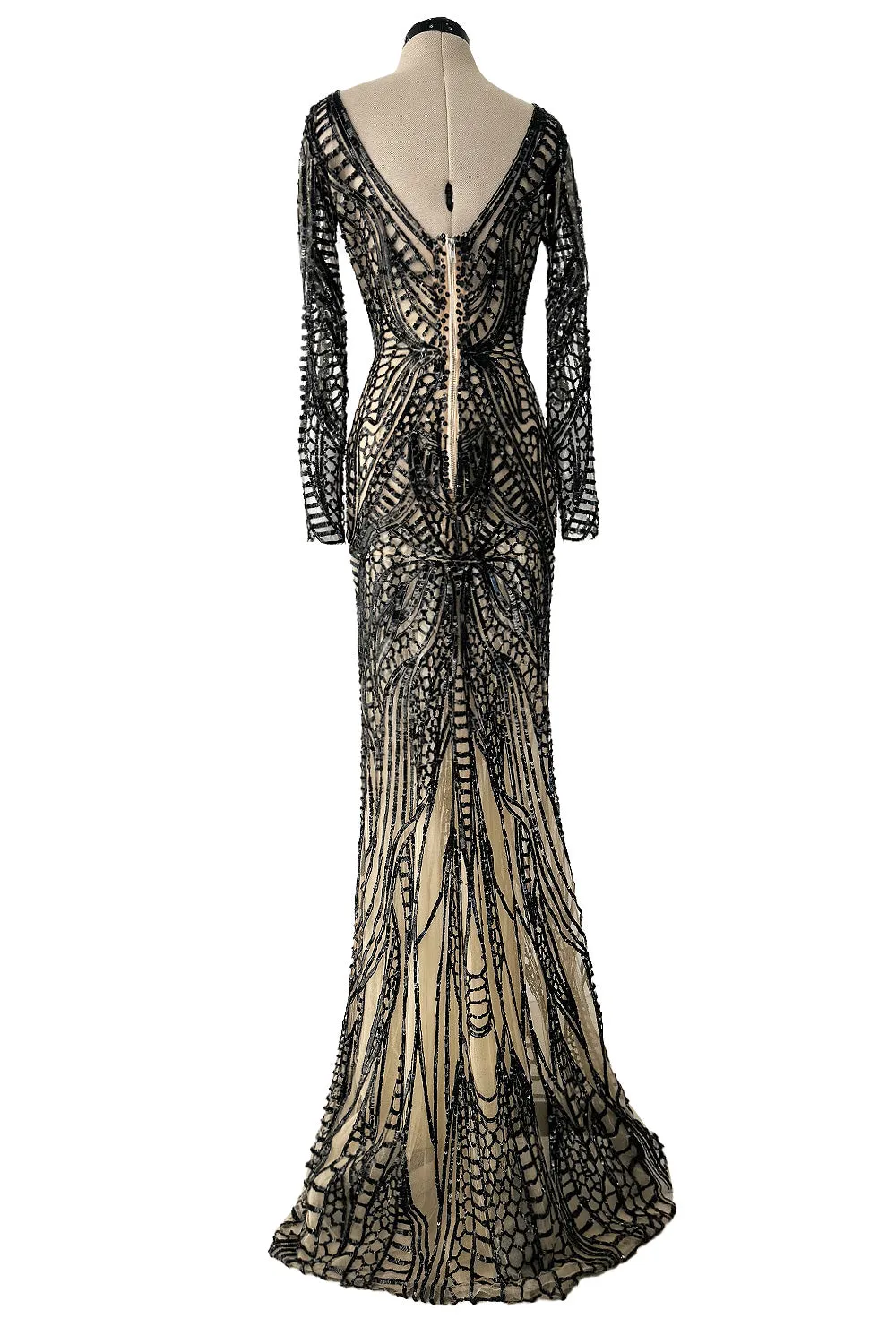 Fall 2014 Zuhair Murad Runway Look 44 Black Sequin & Tube Bead in Nude Netting Dress