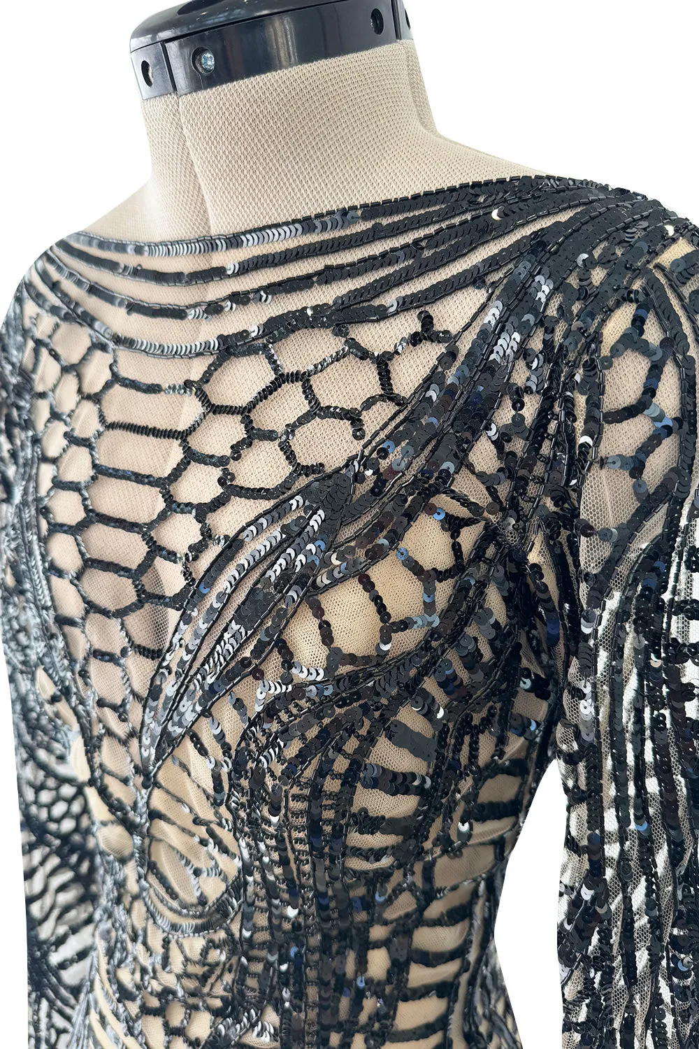 Fall 2014 Zuhair Murad Runway Look 44 Black Sequin & Tube Bead in Nude Netting Dress