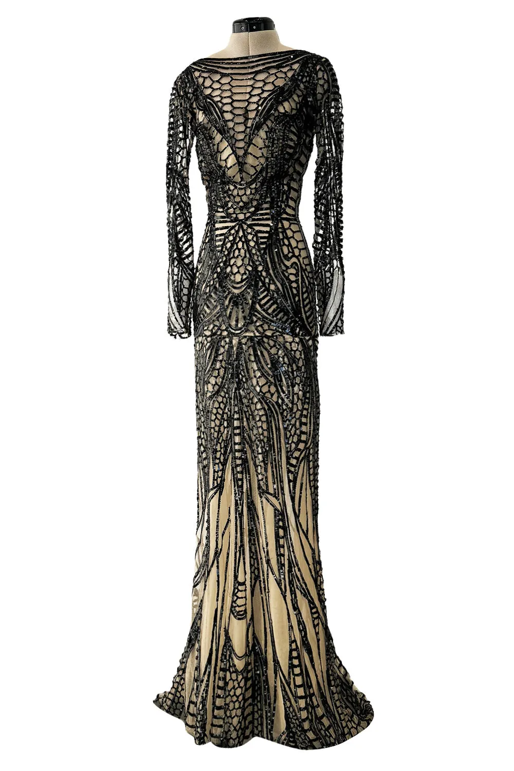 Fall 2014 Zuhair Murad Runway Look 44 Black Sequin & Tube Bead in Nude Netting Dress