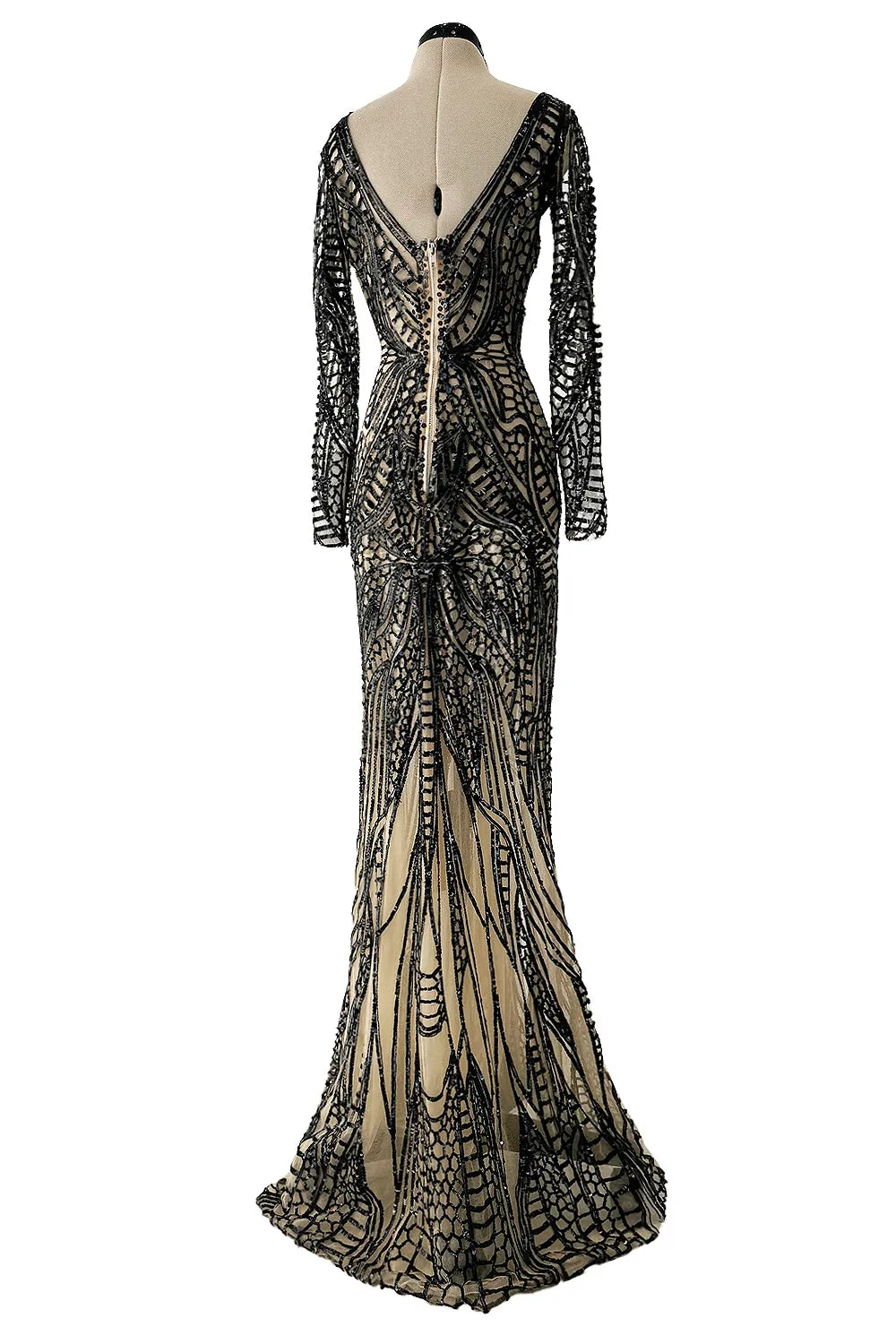 Fall 2014 Zuhair Murad Runway Look 44 Black Sequin & Tube Bead in Nude Netting Dress
