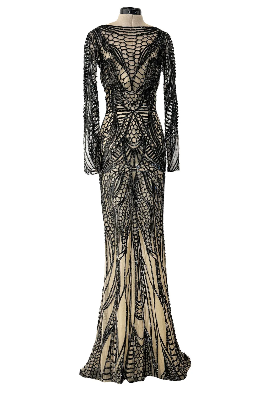 Fall 2014 Zuhair Murad Runway Look 44 Black Sequin & Tube Bead in Nude Netting Dress