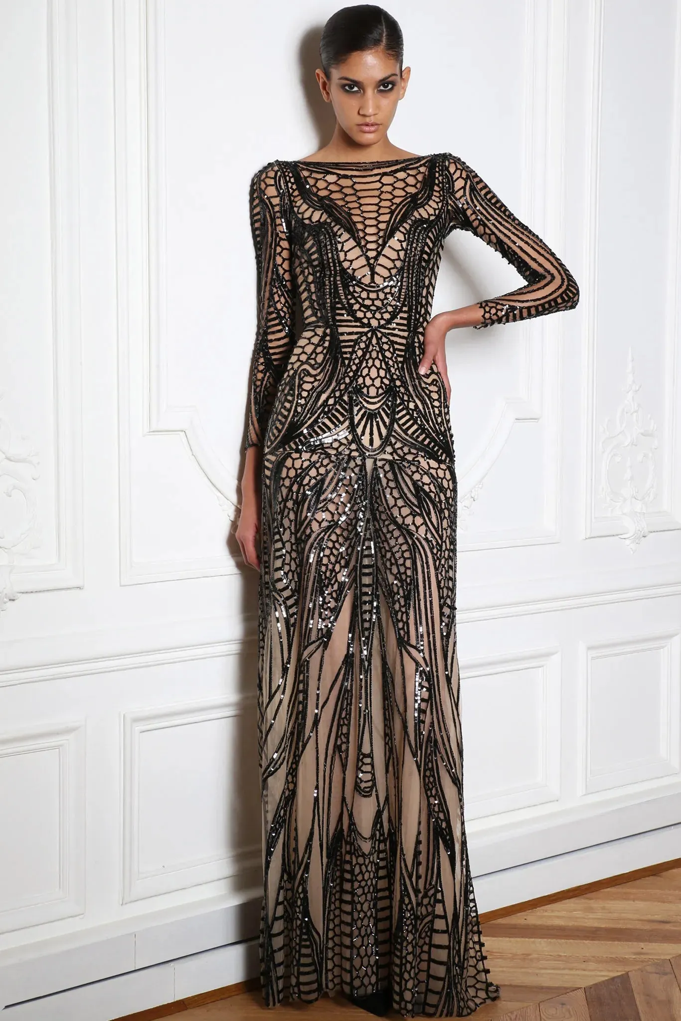 Fall 2014 Zuhair Murad Runway Look 44 Black Sequin & Tube Bead in Nude Netting Dress
