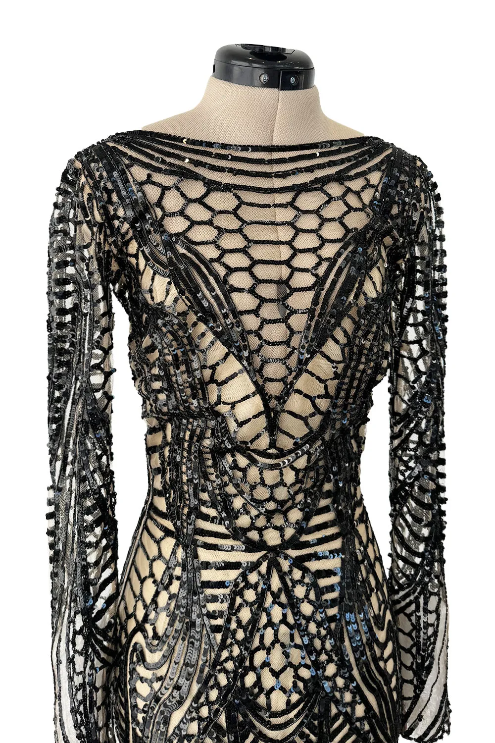 Fall 2014 Zuhair Murad Runway Look 44 Black Sequin & Tube Bead in Nude Netting Dress