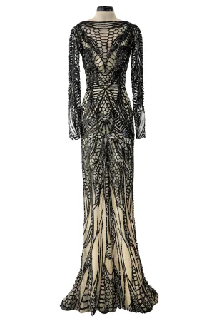 Fall 2014 Zuhair Murad Runway Look 44 Black Sequin & Tube Bead in Nude Netting Dress