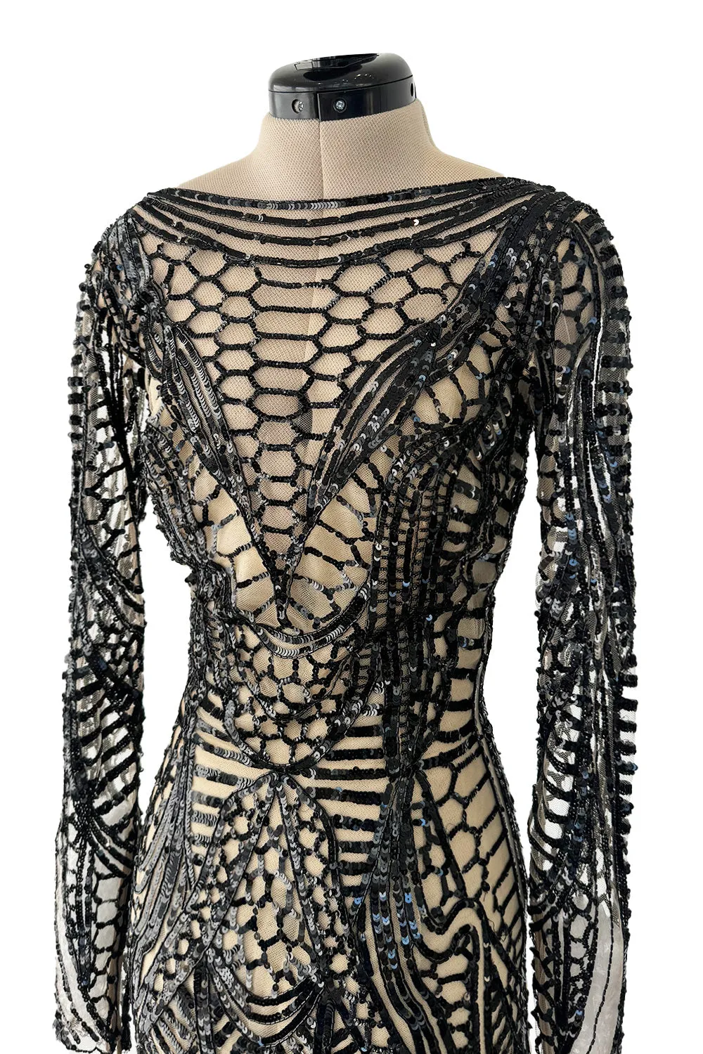 Fall 2014 Zuhair Murad Runway Look 44 Black Sequin & Tube Bead in Nude Netting Dress