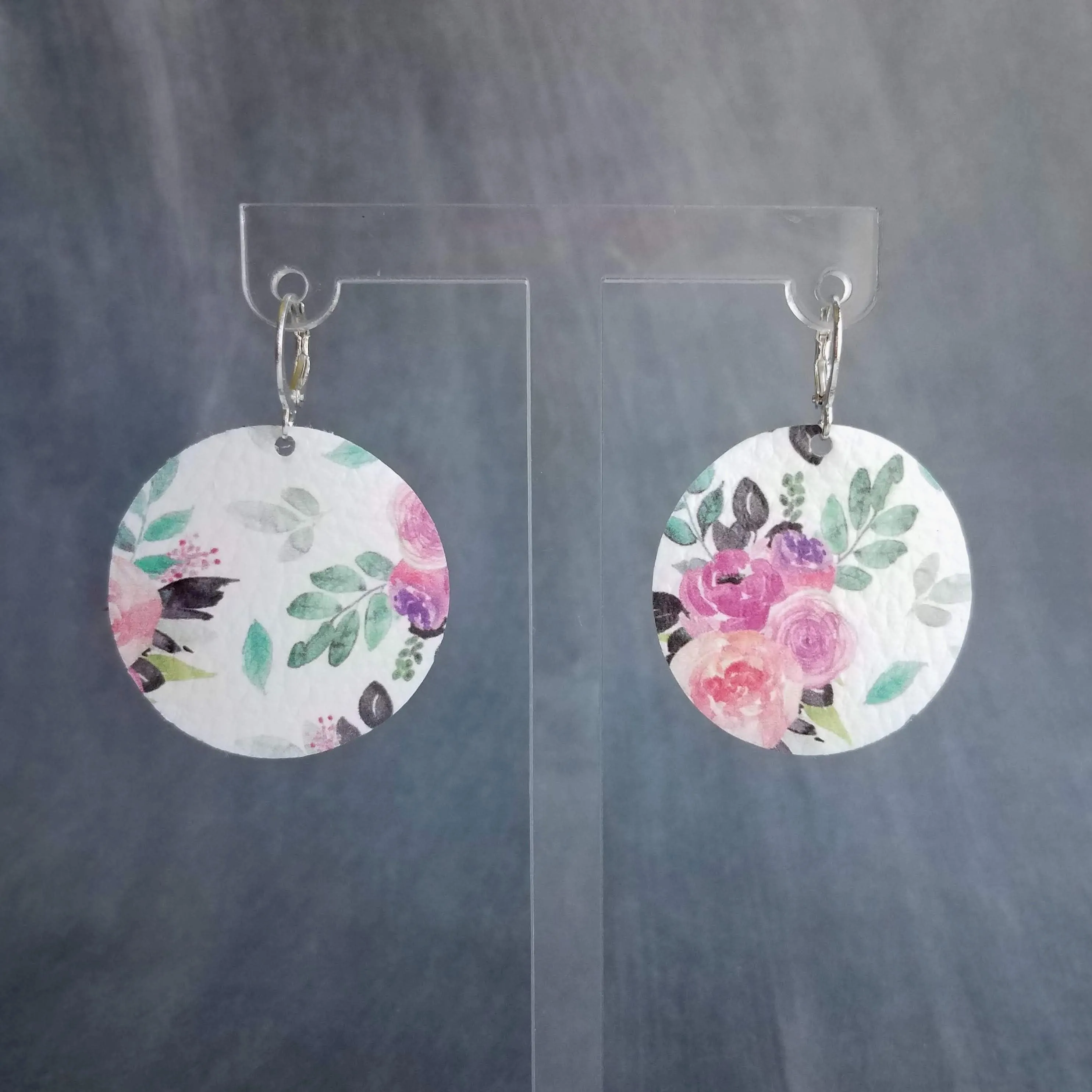 Faux Leather Earrings - round white soft vinyl leather, peony flower, 80's jewelry, pink purple flower earrings, rose earrings, large circle
