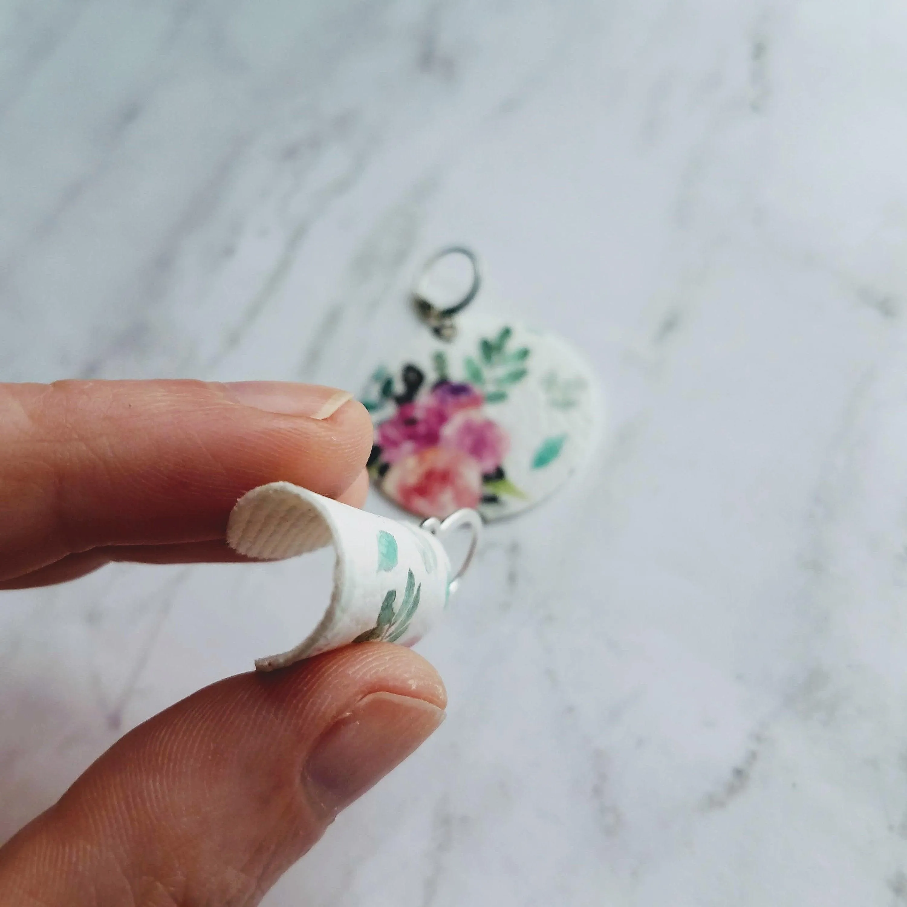 Faux Leather Earrings - round white soft vinyl leather, peony flower, 80's jewelry, pink purple flower earrings, rose earrings, large circle