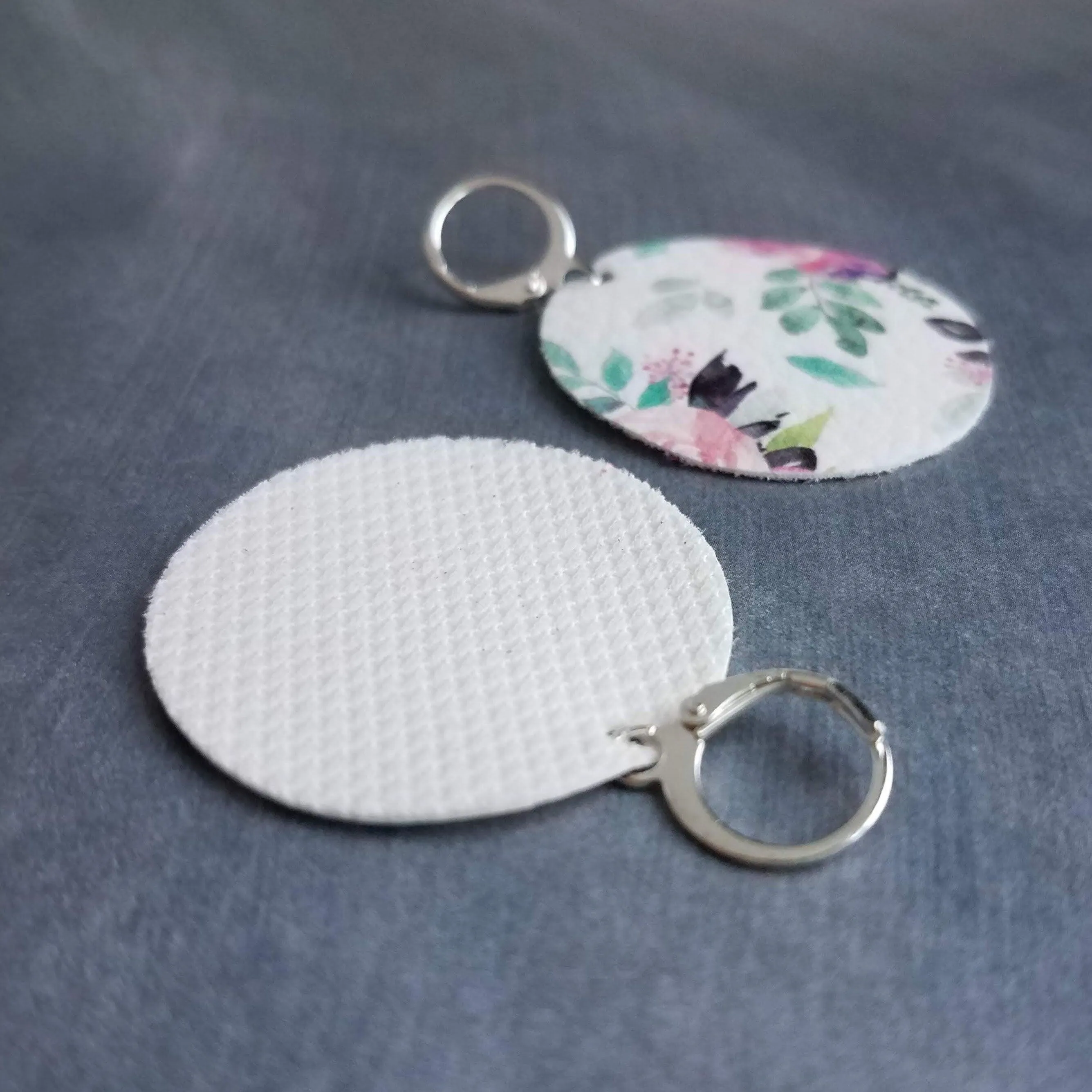 Faux Leather Earrings - round white soft vinyl leather, peony flower, 80's jewelry, pink purple flower earrings, rose earrings, large circle