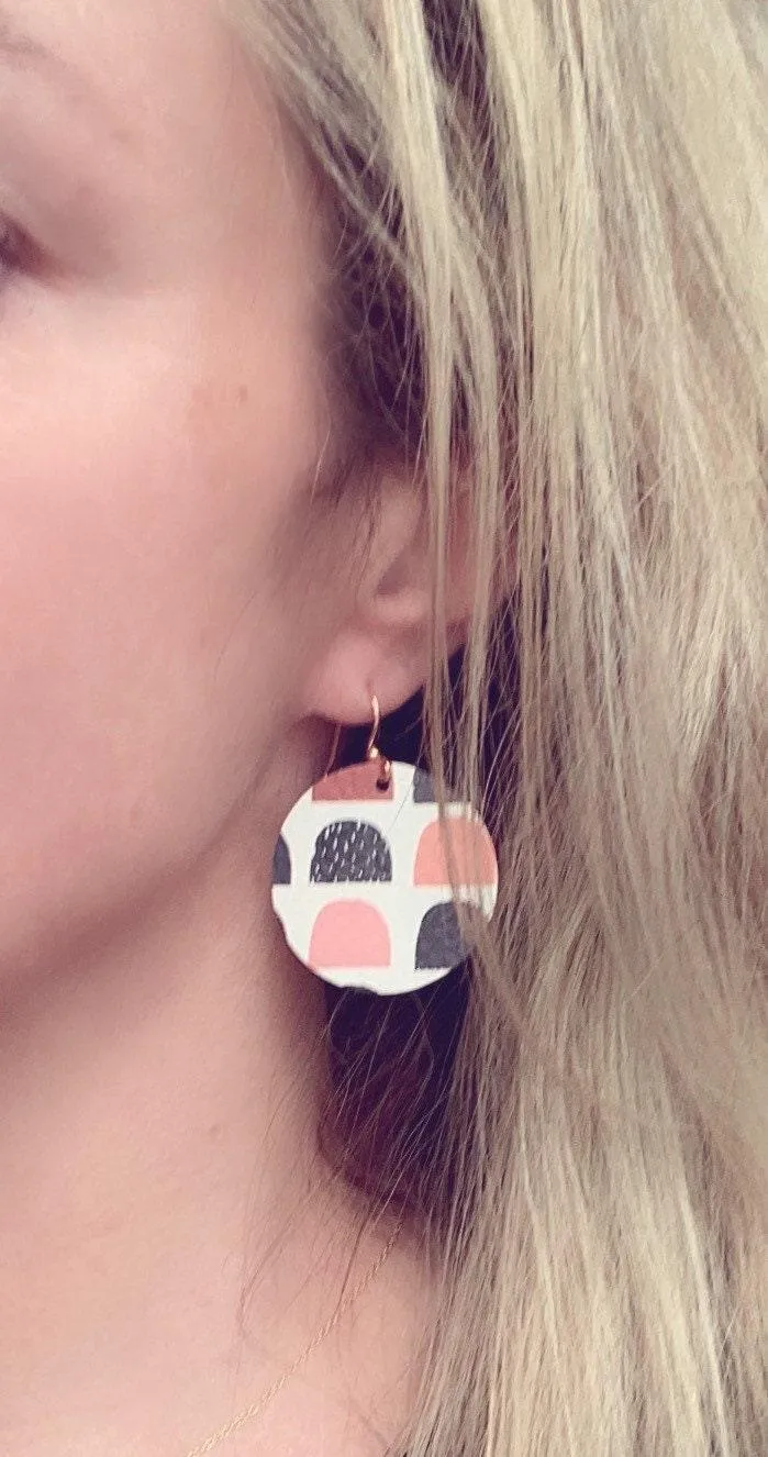 Faux Leather Earrings - round white soft vinyl leather, peony flower, 80's jewelry, pink purple flower earrings, rose earrings, large circle
