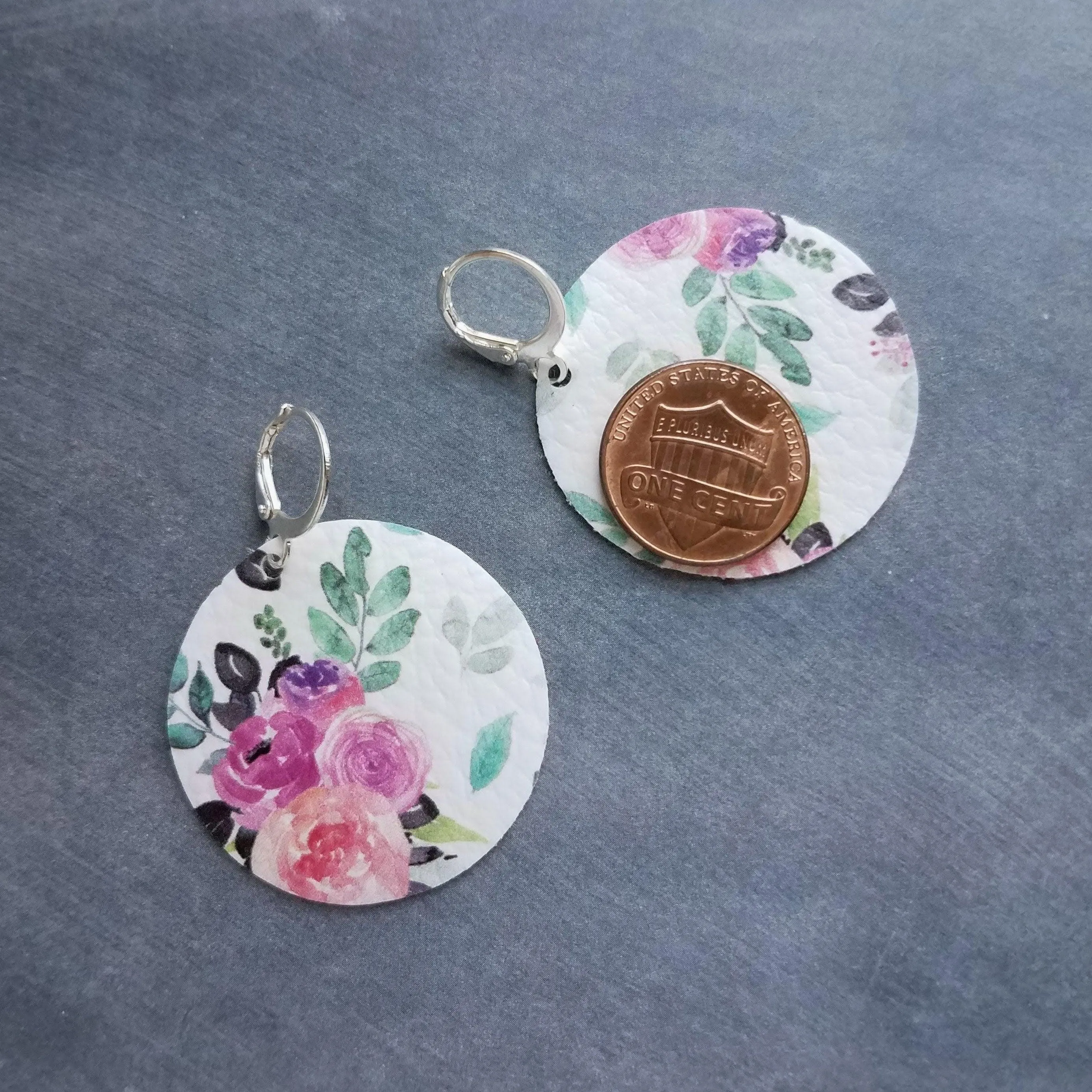 Faux Leather Earrings - round white soft vinyl leather, peony flower, 80's jewelry, pink purple flower earrings, rose earrings, large circle