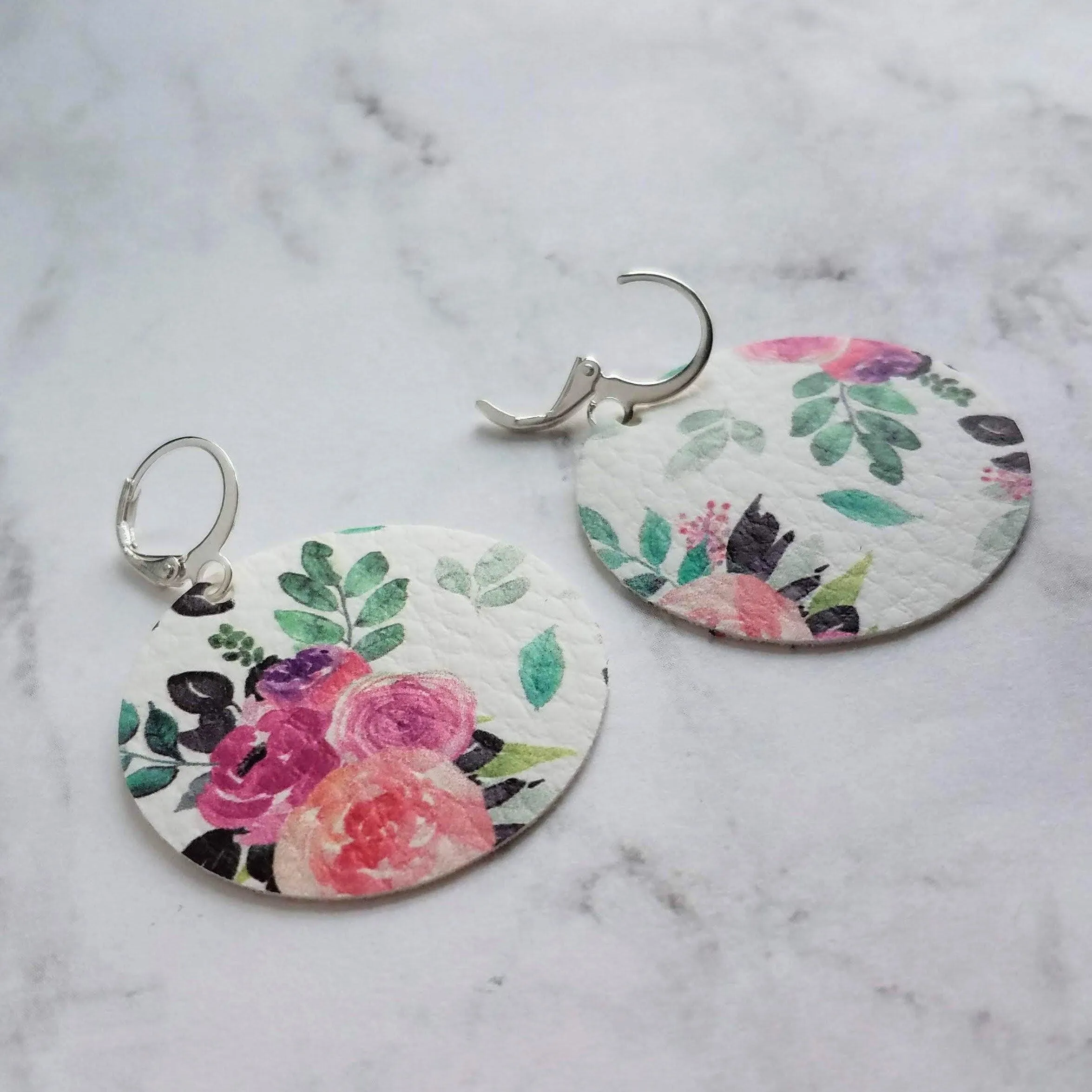 Faux Leather Earrings - round white soft vinyl leather, peony flower, 80's jewelry, pink purple flower earrings, rose earrings, large circle