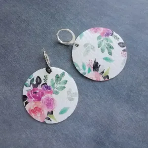 Faux Leather Earrings - round white soft vinyl leather, peony flower, 80's jewelry, pink purple flower earrings, rose earrings, large circle
