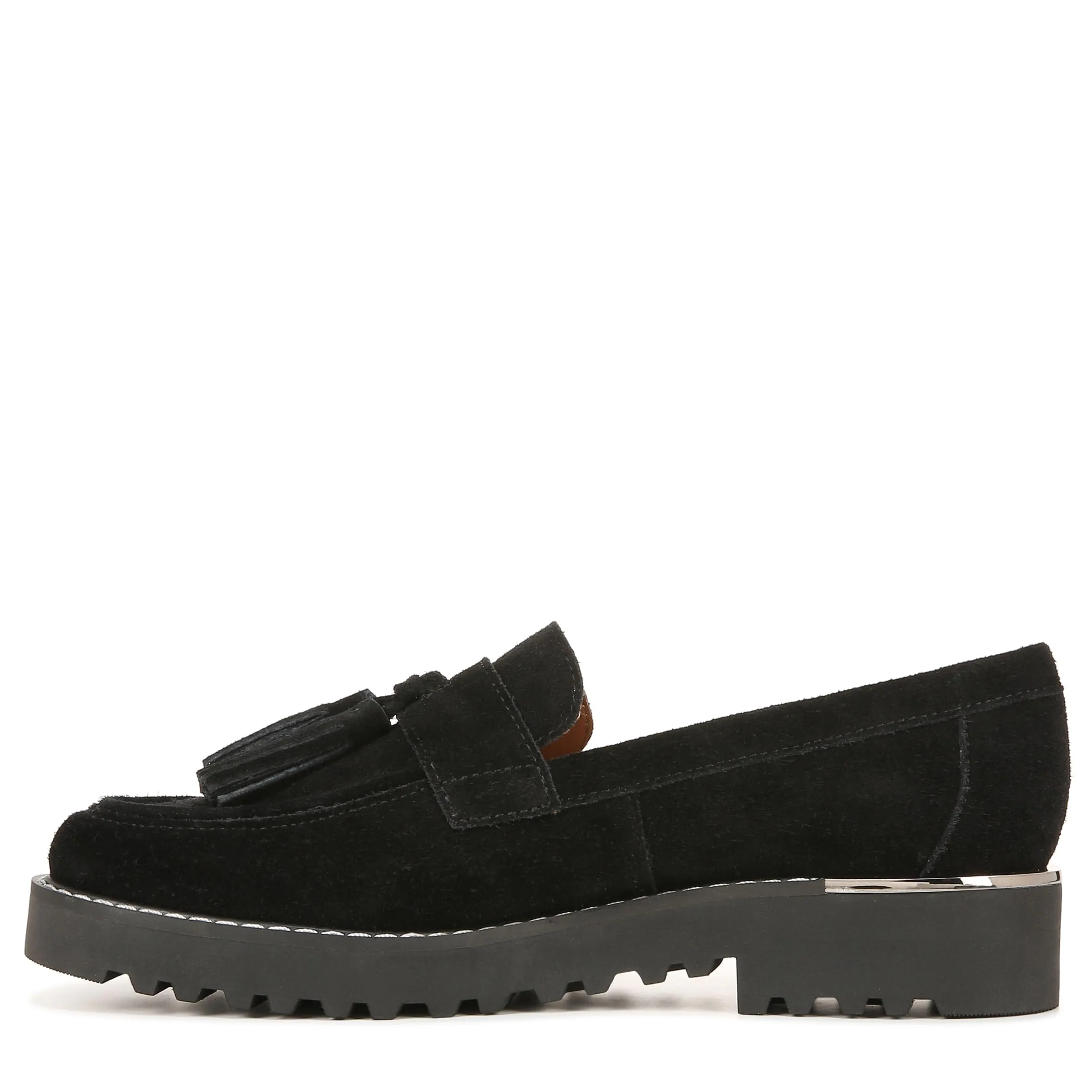 Franco Sarto Womens Carolynn Lug Sole Loafer with Tassel Detail , Black Suede, 9.5 M