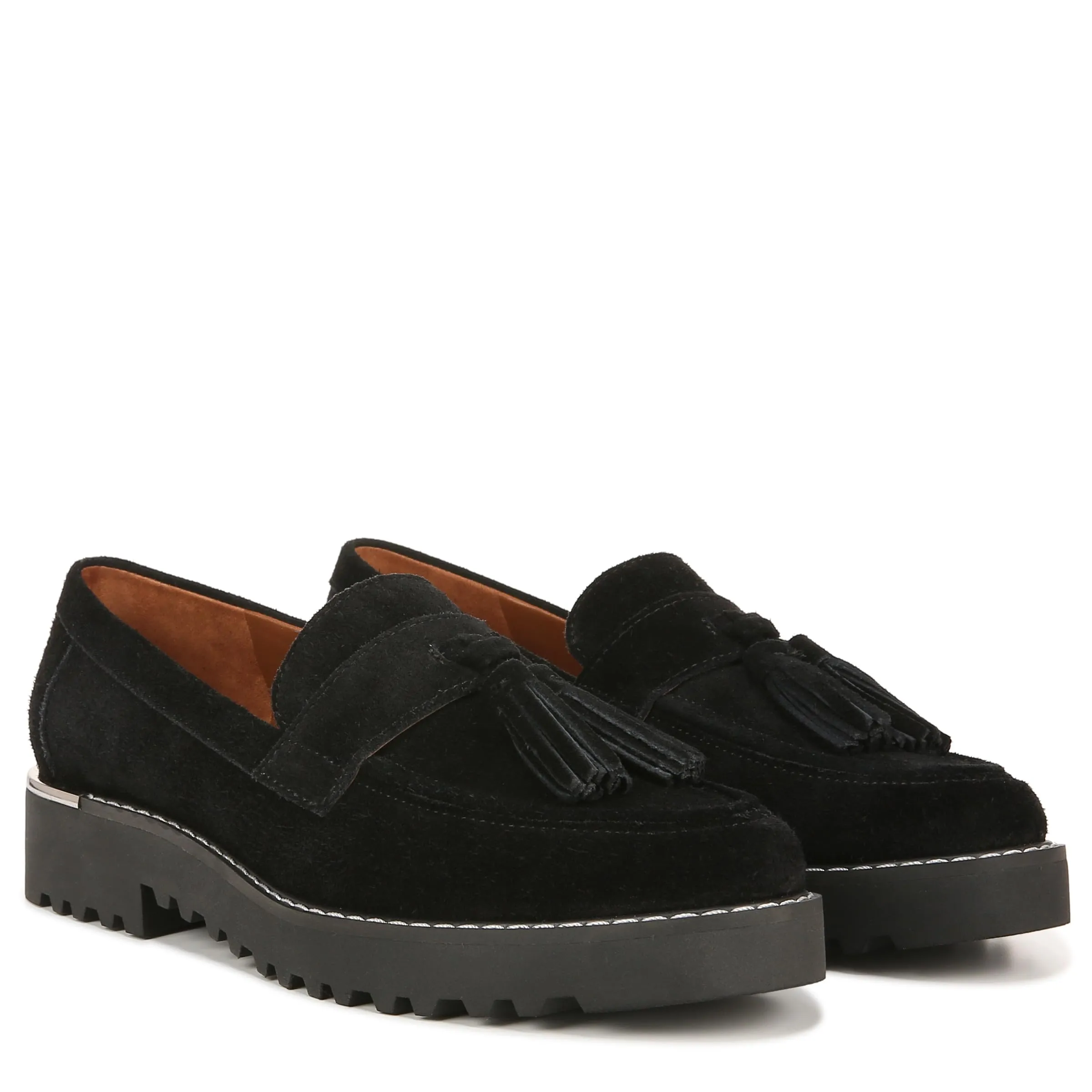Franco Sarto Womens Carolynn Lug Sole Loafer with Tassel Detail , Black Suede, 9.5 M