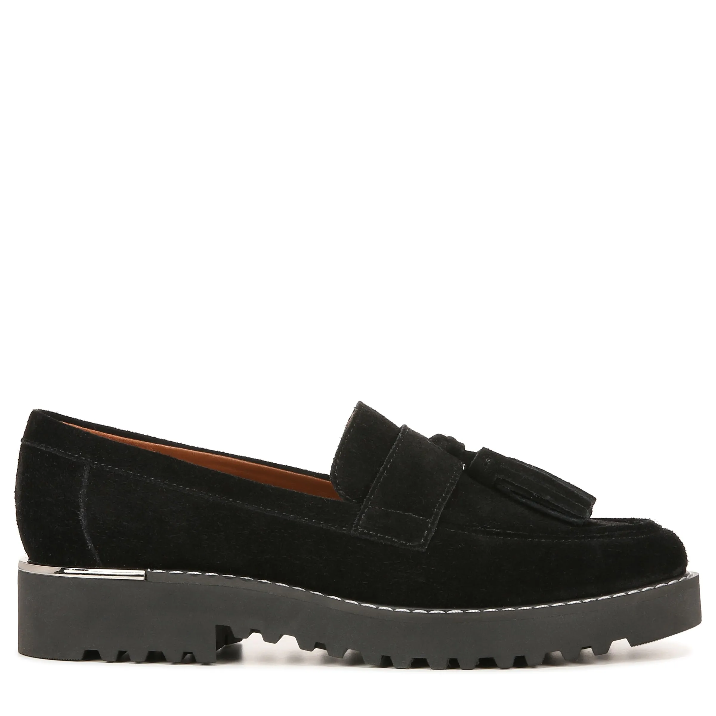 Franco Sarto Womens Carolynn Lug Sole Loafer with Tassel Detail , Black Suede, 9.5 M