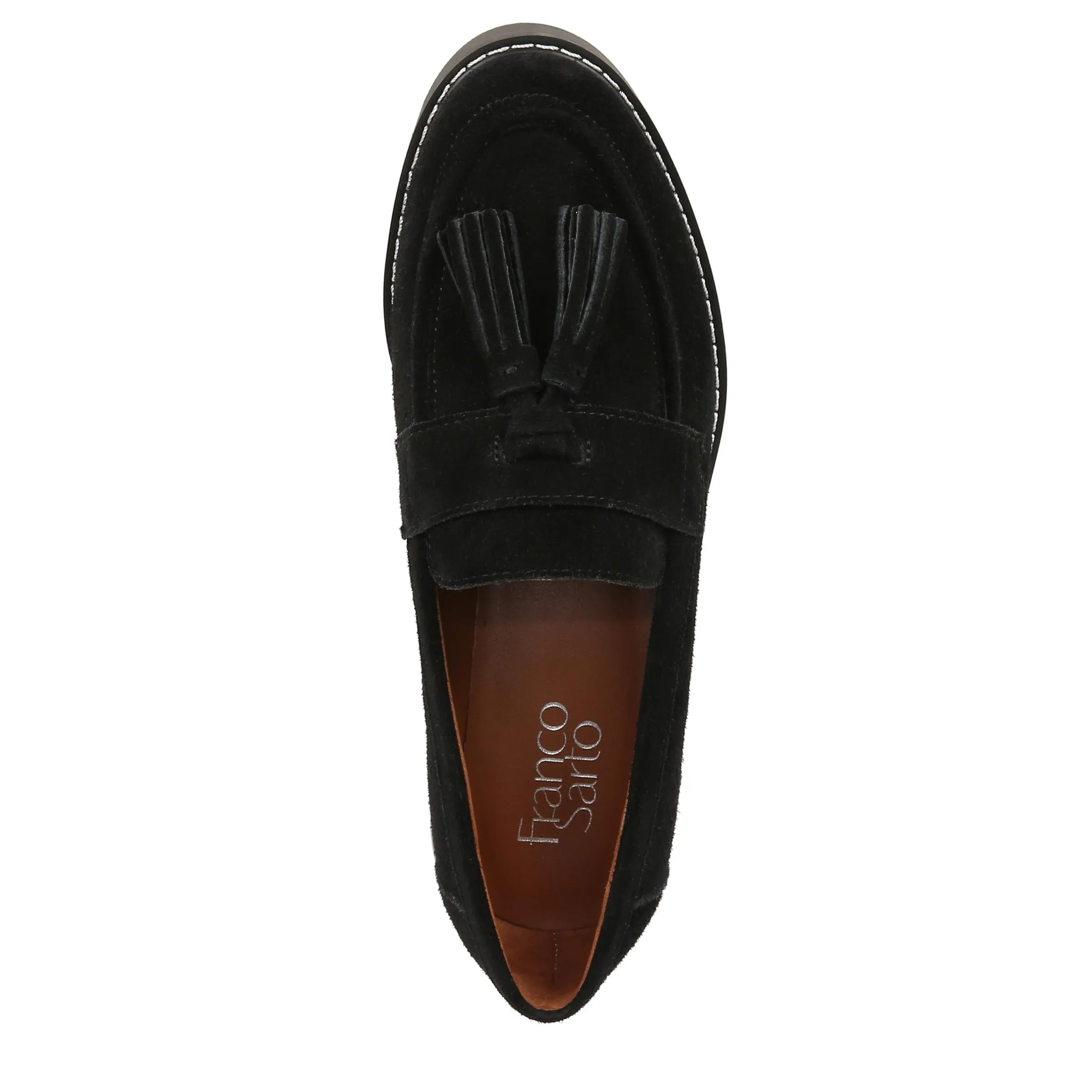 Franco Sarto Womens Carolynn Lug Sole Loafer with Tassel Detail , Black Suede, 9.5 M