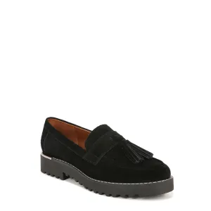 Franco Sarto Womens Carolynn Lug Sole Loafer with Tassel Detail , Black Suede, 9.5 M