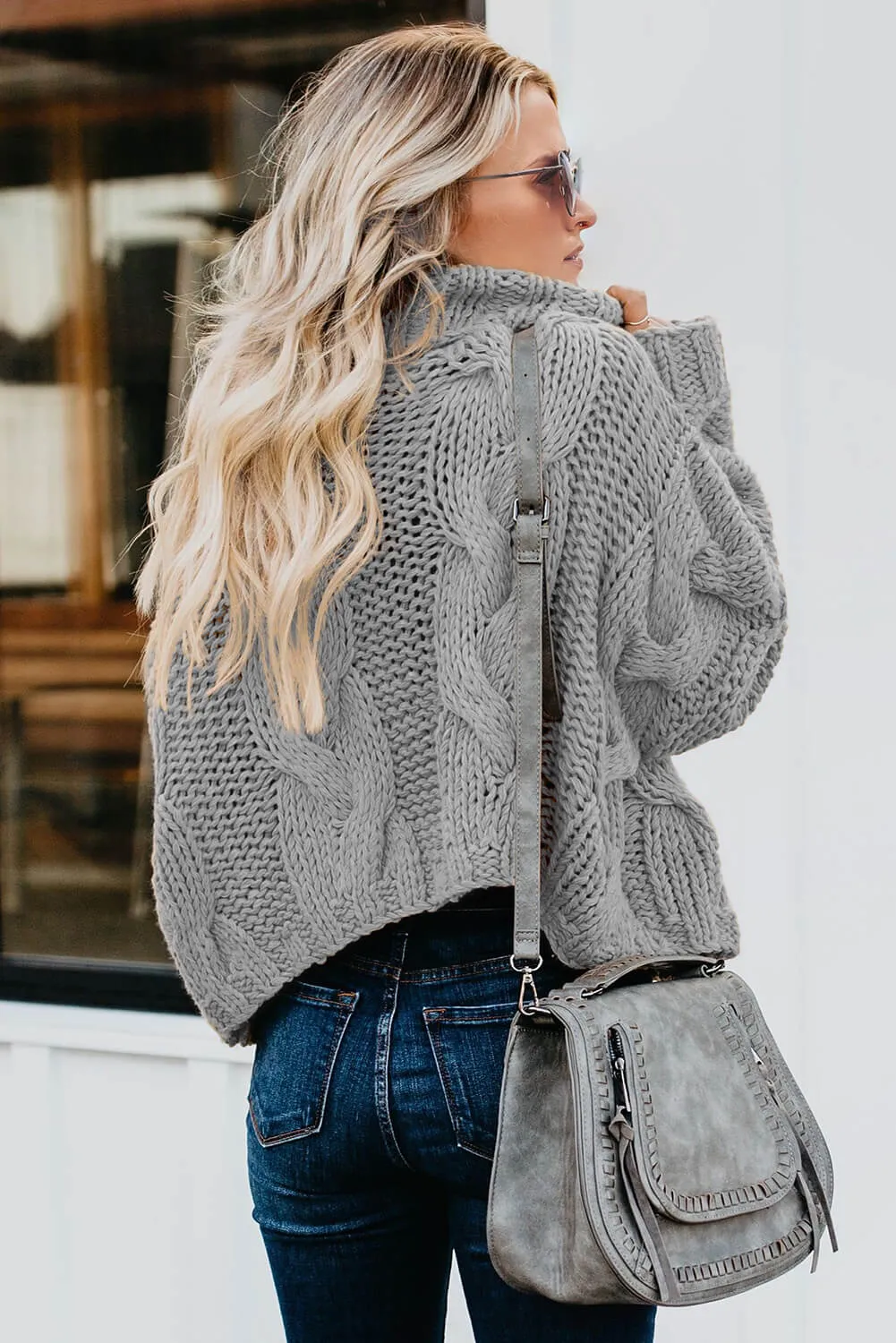 Gray Cuddle Weather Cable Knit Handmade Turtleneck Sweater