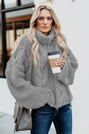 Gray Cuddle Weather Cable Knit Handmade Turtleneck Sweater