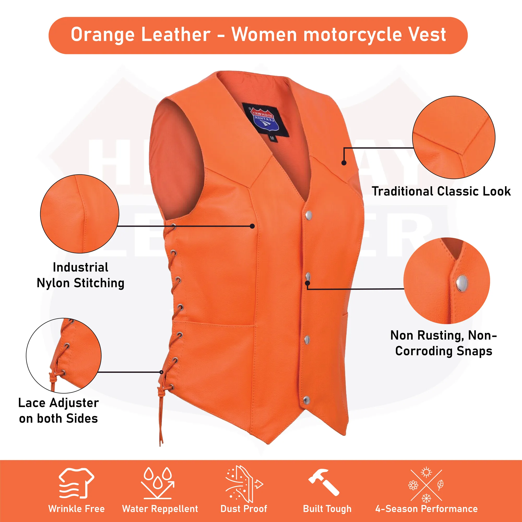 HL14501Orange Leather - Women motorcycle leather Vest ORANGE