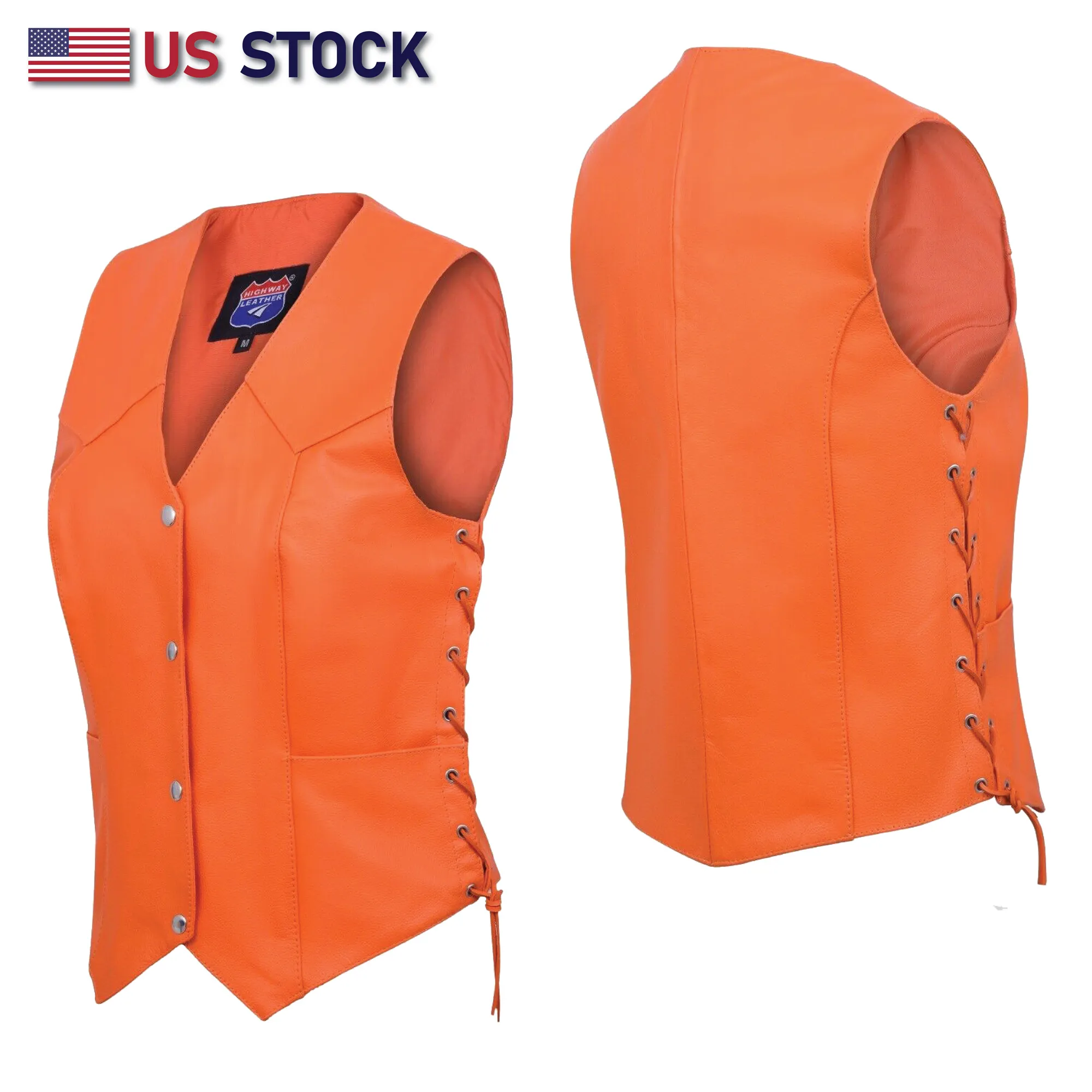 HL14501Orange Leather - Women motorcycle leather Vest ORANGE
