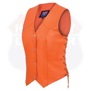HL14501Orange Leather - Women motorcycle leather Vest ORANGE