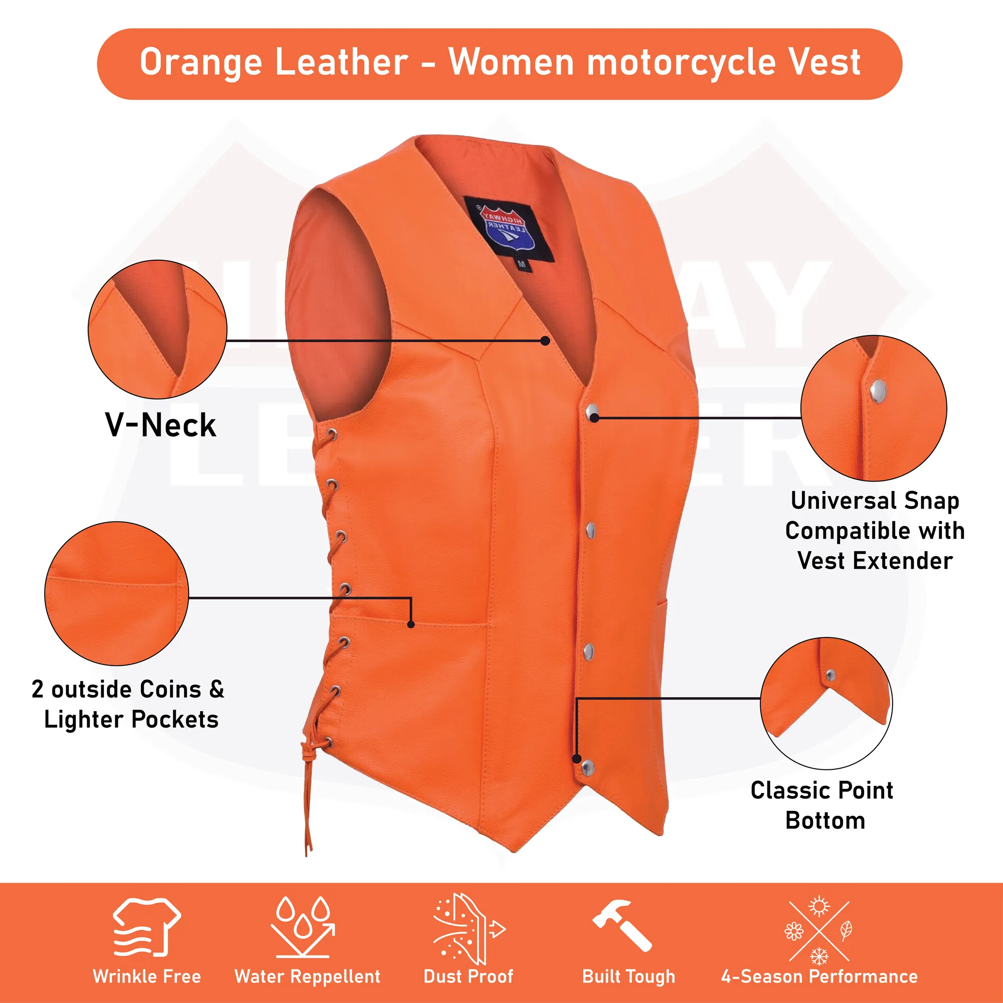 HL14501Orange Leather - Women motorcycle leather Vest ORANGE