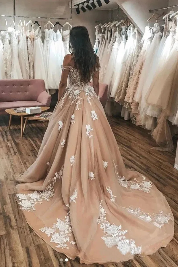 Ivory Floral Off Shoulder Beaded Wedding Gowns Appliques Wedding Dress, SW357