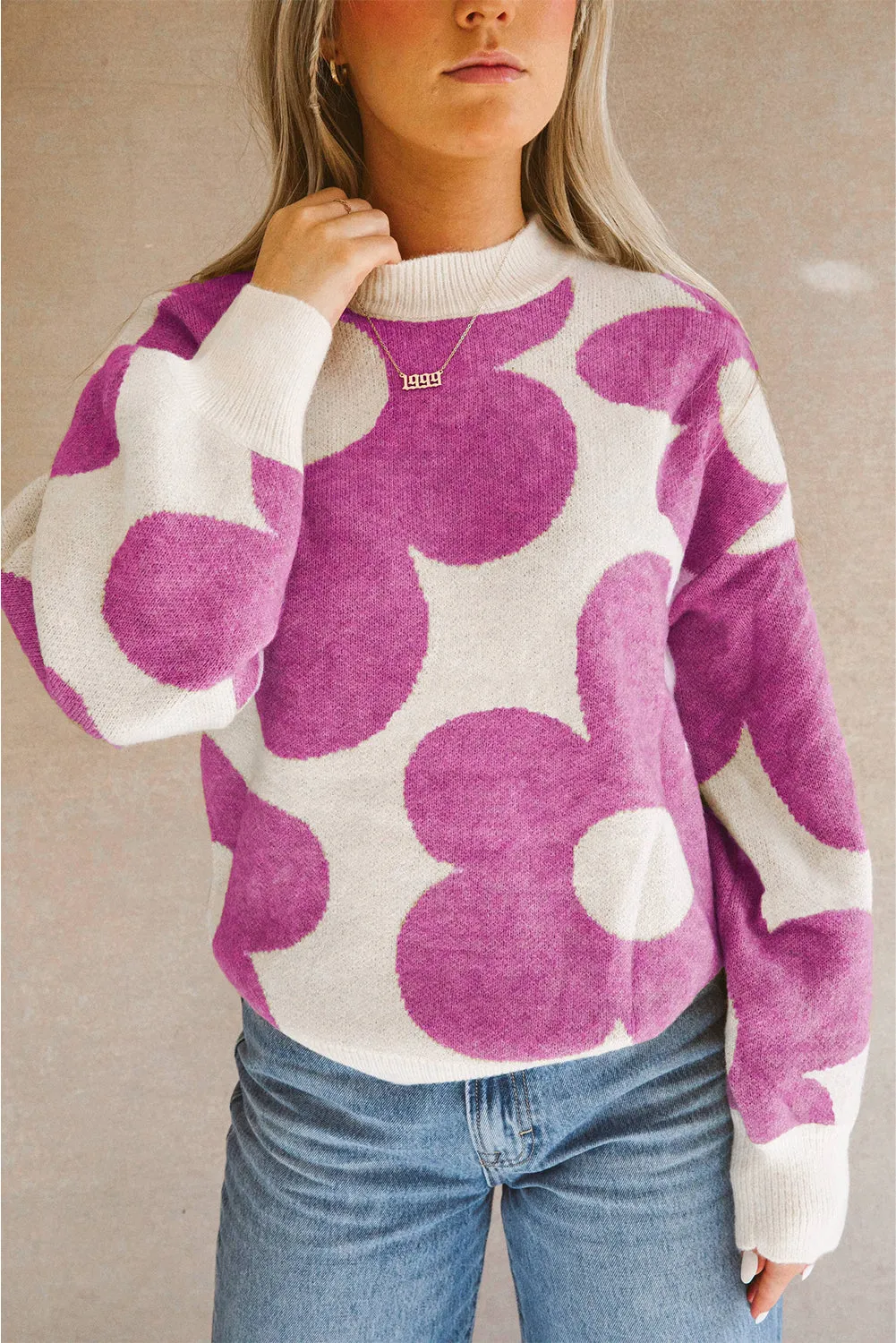 Khaki Big Flower Pattern Drop Shoulder Sweater
