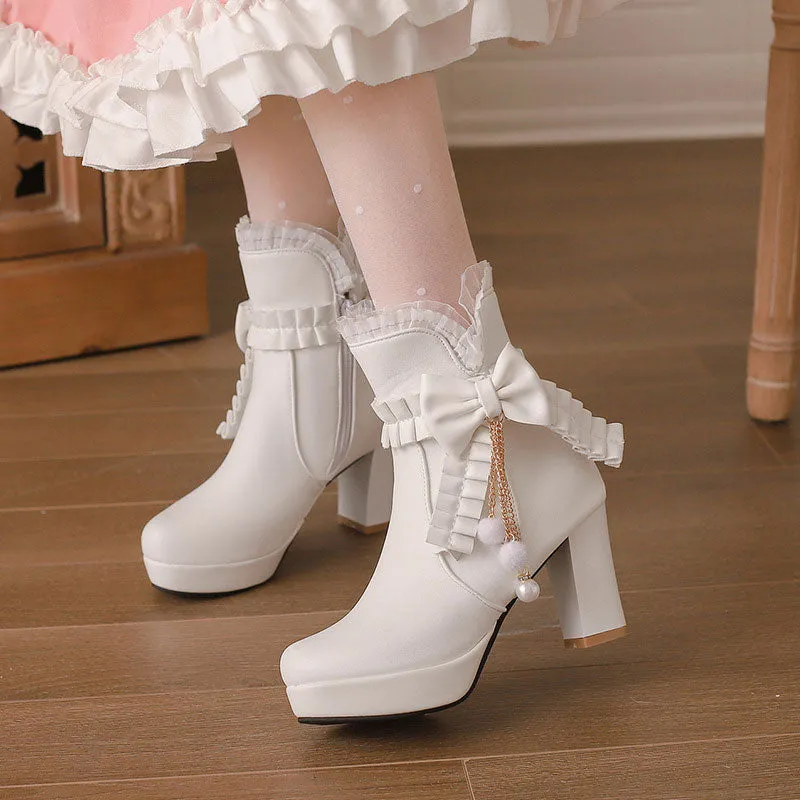 Lace Bow Heels Chunky Shoes
