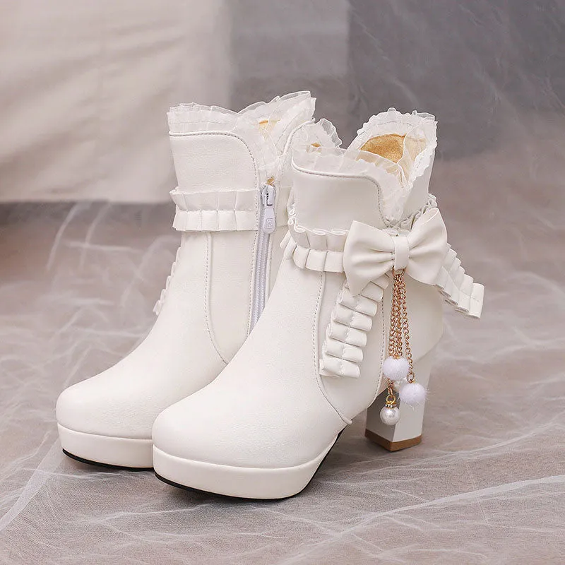 Lace Bow Heels Chunky Shoes