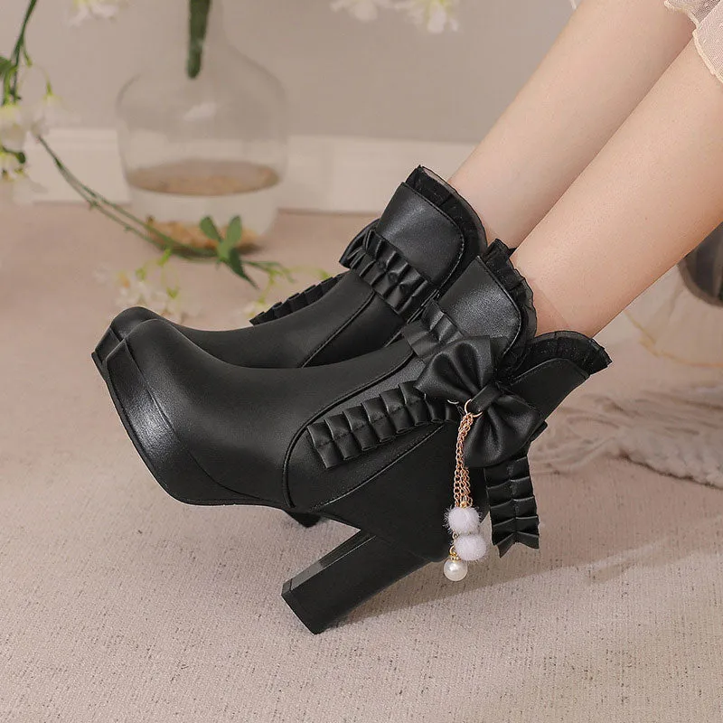 Lace Bow Heels Chunky Shoes