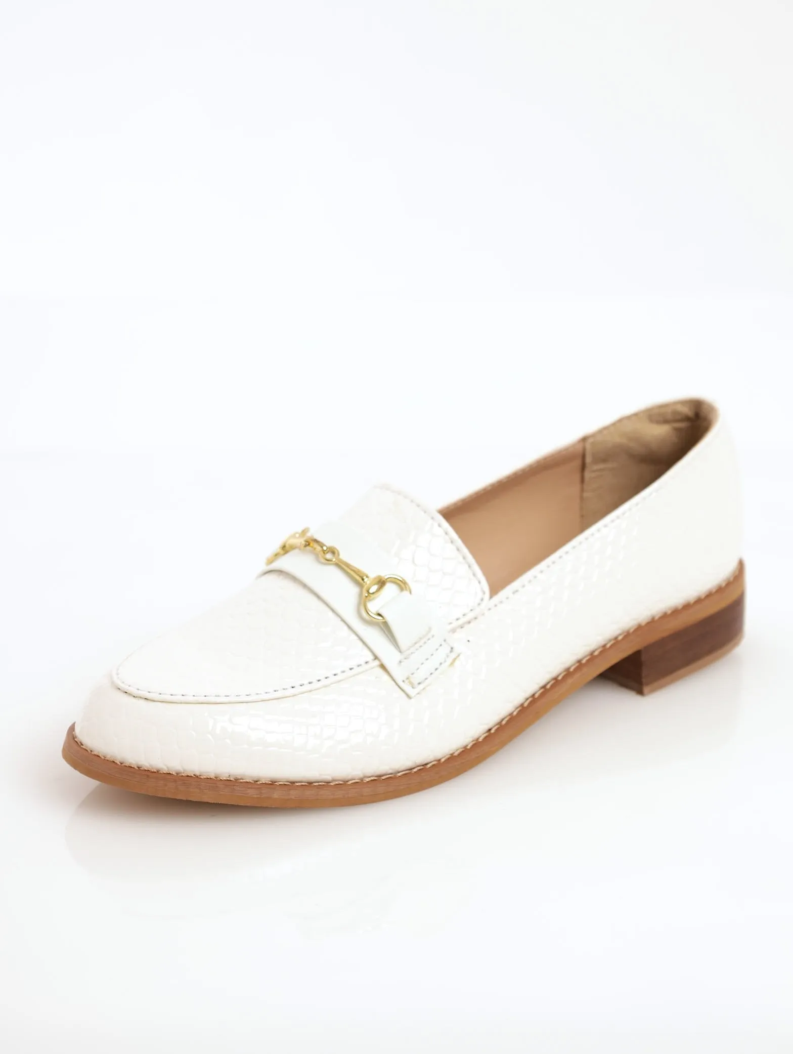 Ladies Embossed Loafer With Metal Bar - White