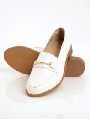 Ladies Embossed Loafer With Metal Bar - White