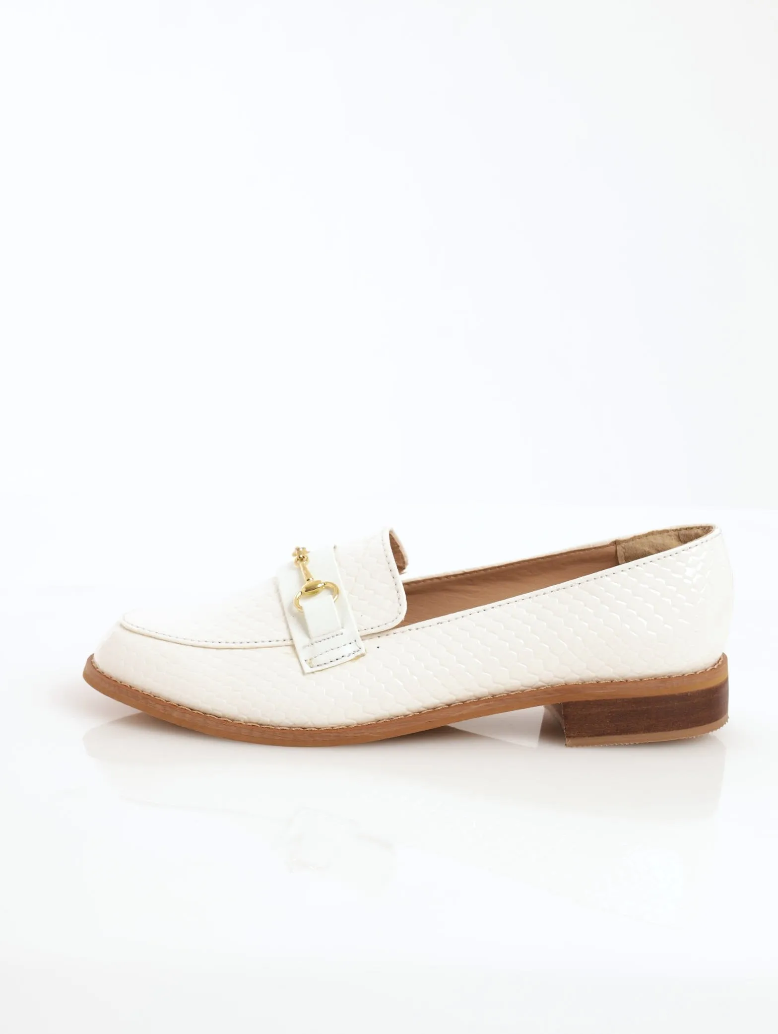Ladies Embossed Loafer With Metal Bar - White