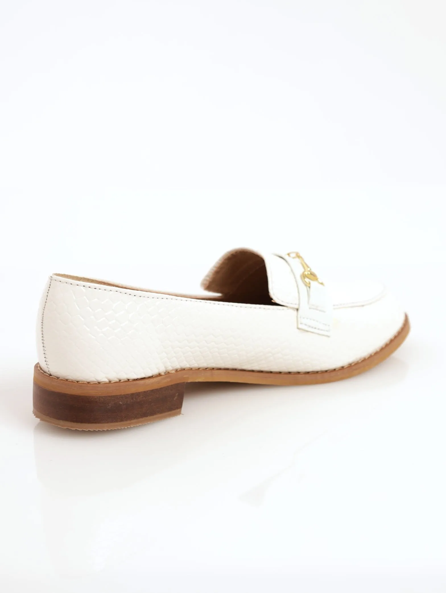 Ladies Embossed Loafer With Metal Bar - White