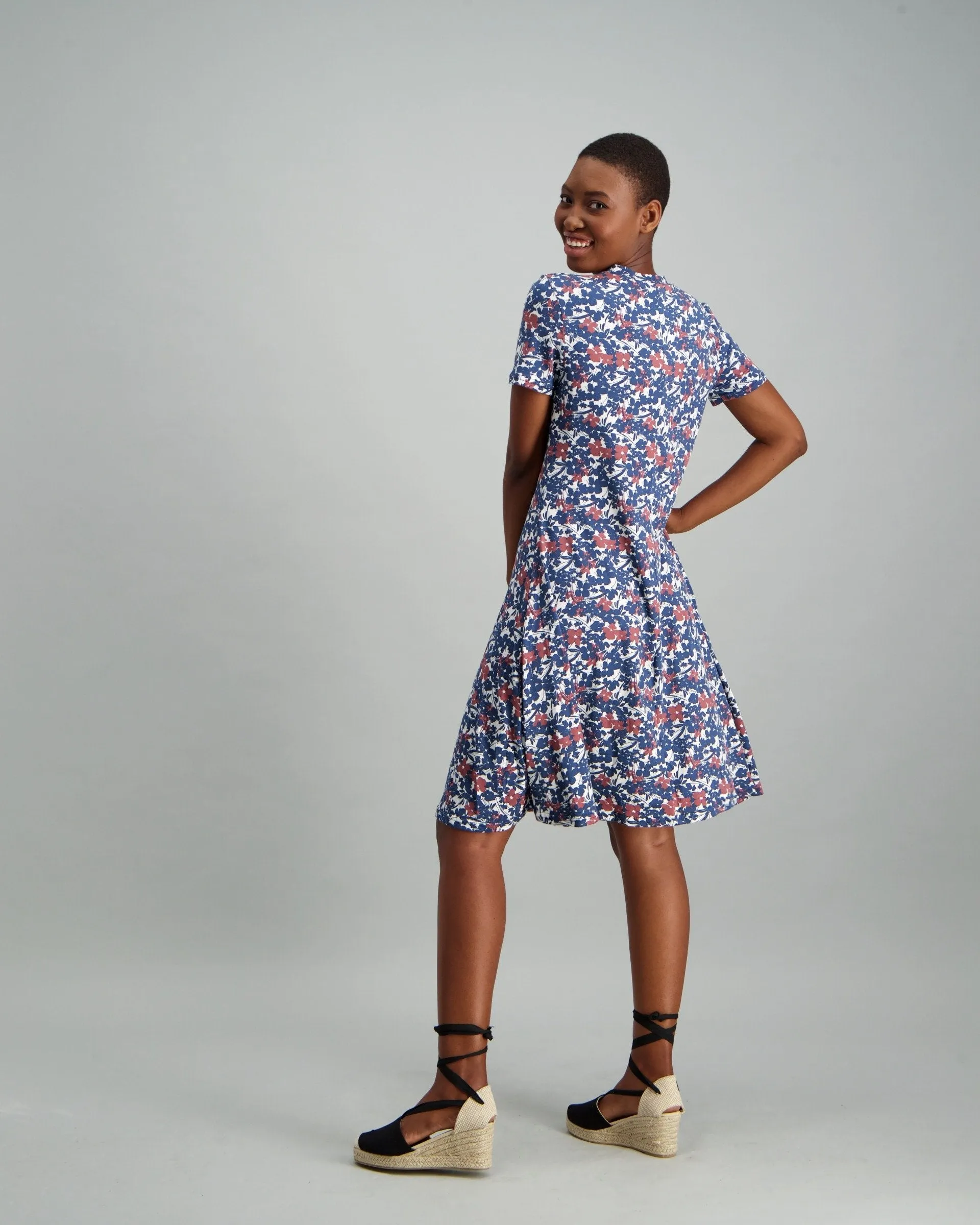 Ladies Floral Printed Swing Dress - Navy