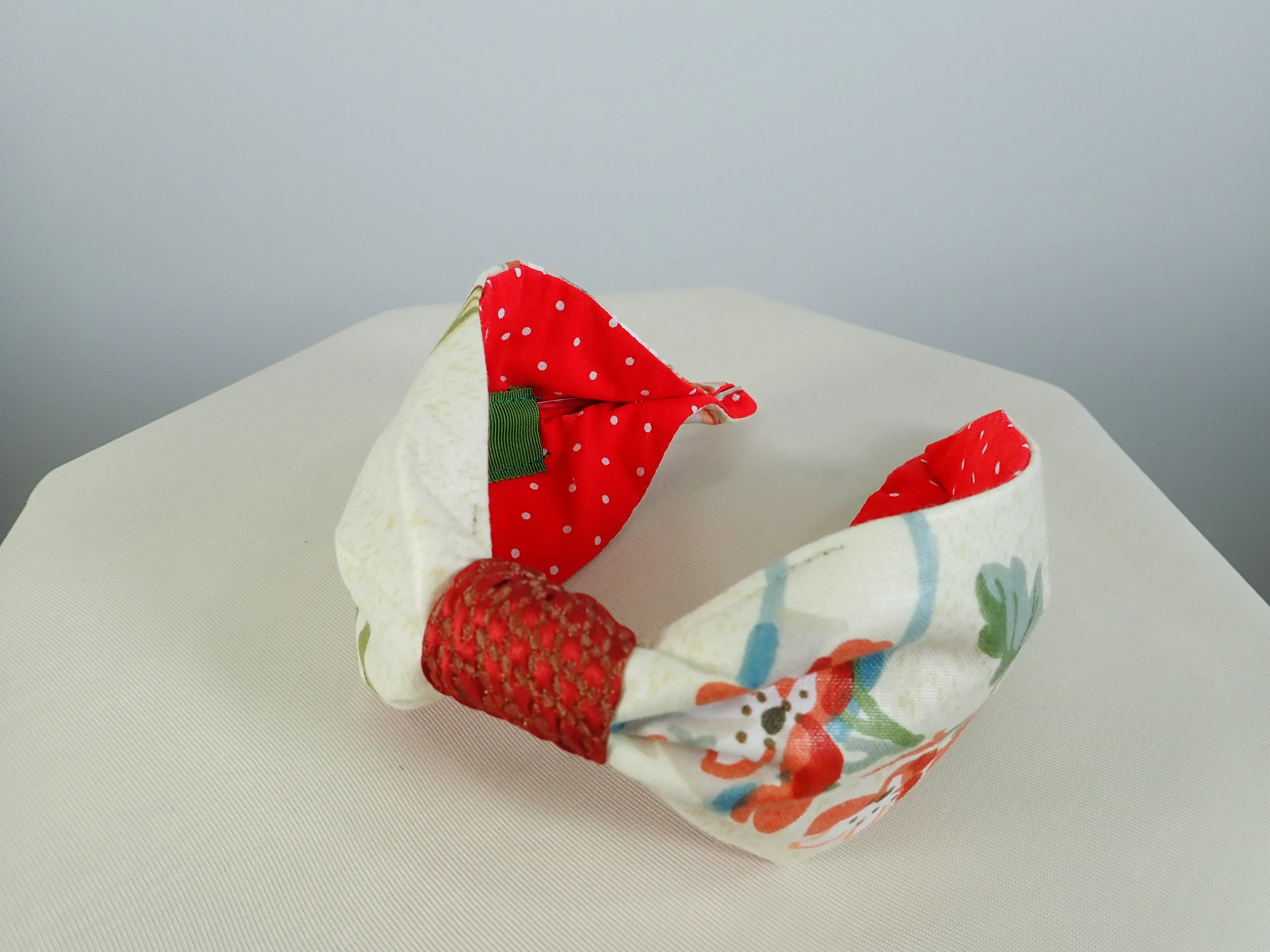Ladies Green, Burnt Red and Tan Floral Turban Headband. Repurposed Fabric Headband Hat Accessory.