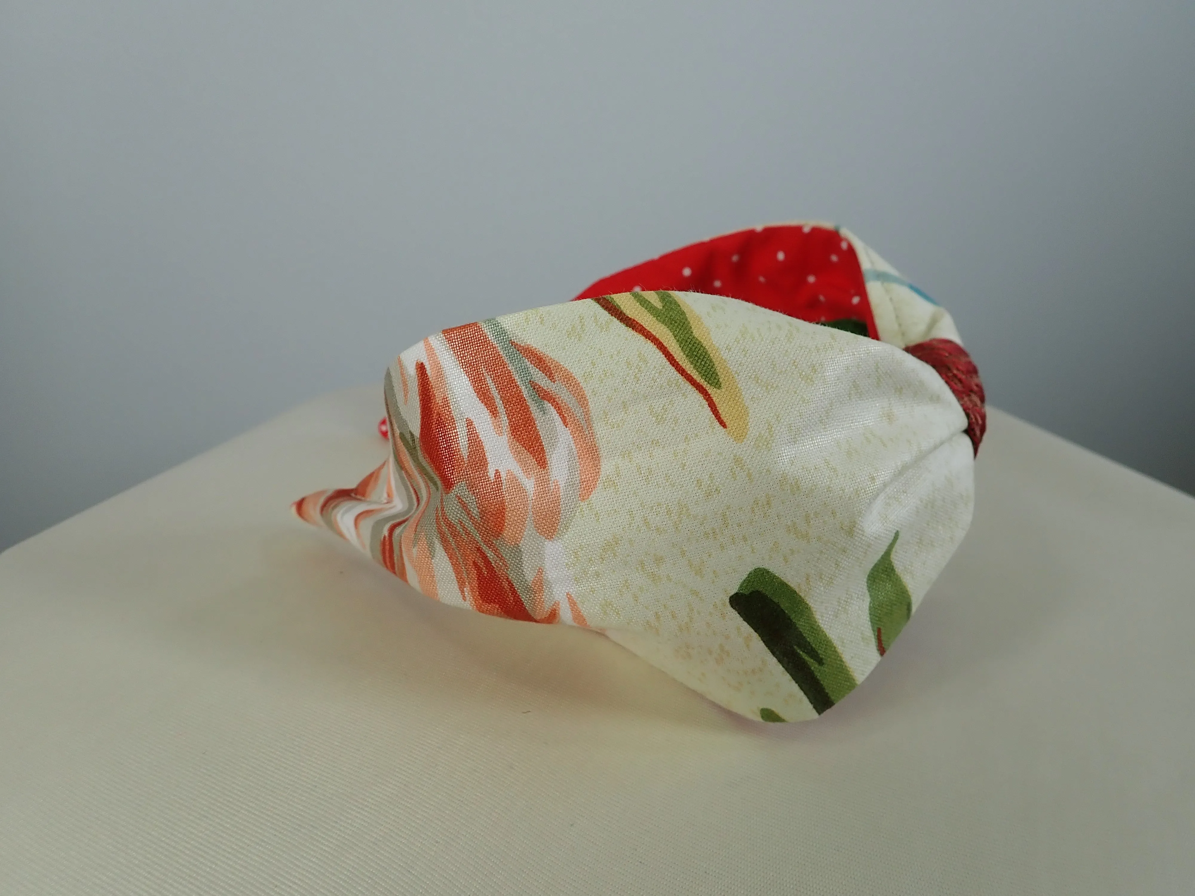 Ladies Green, Burnt Red and Tan Floral Turban Headband. Repurposed Fabric Headband Hat Accessory.