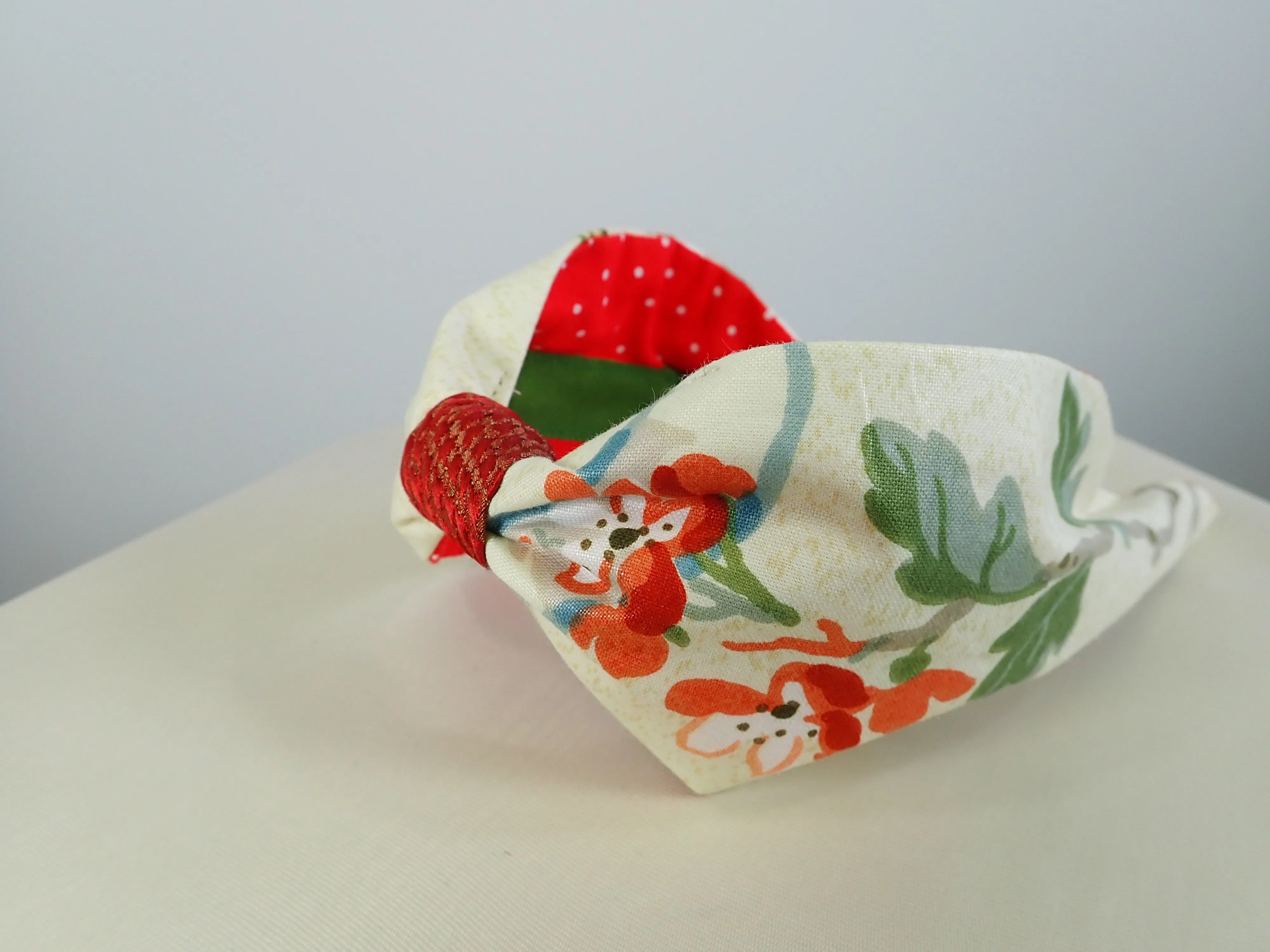 Ladies Green, Burnt Red and Tan Floral Turban Headband. Repurposed Fabric Headband Hat Accessory.