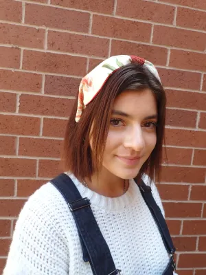 Ladies Green, Burnt Red and Tan Floral Turban Headband. Repurposed Fabric Headband Hat Accessory.