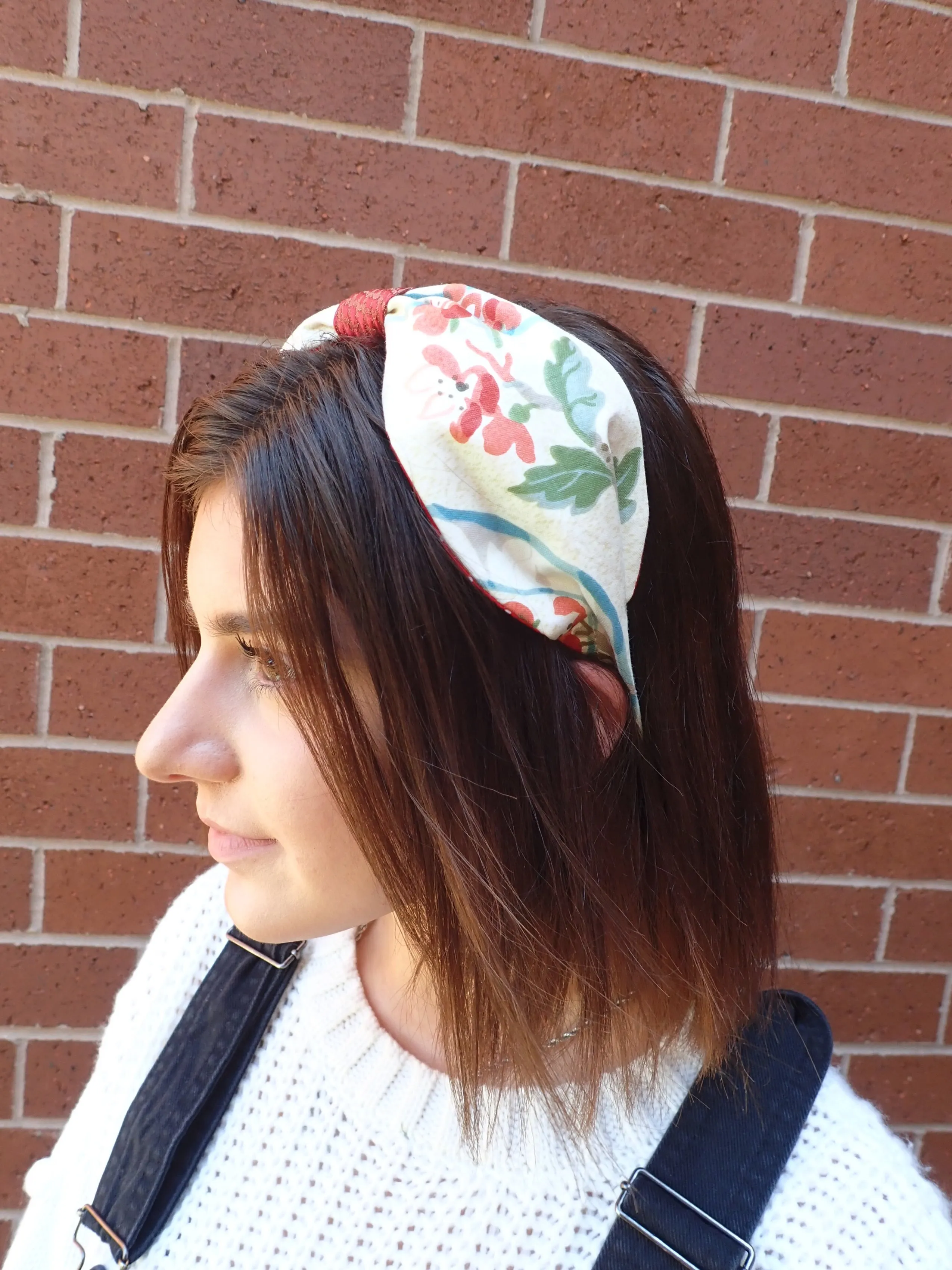 Ladies Green, Burnt Red and Tan Floral Turban Headband. Repurposed Fabric Headband Hat Accessory.
