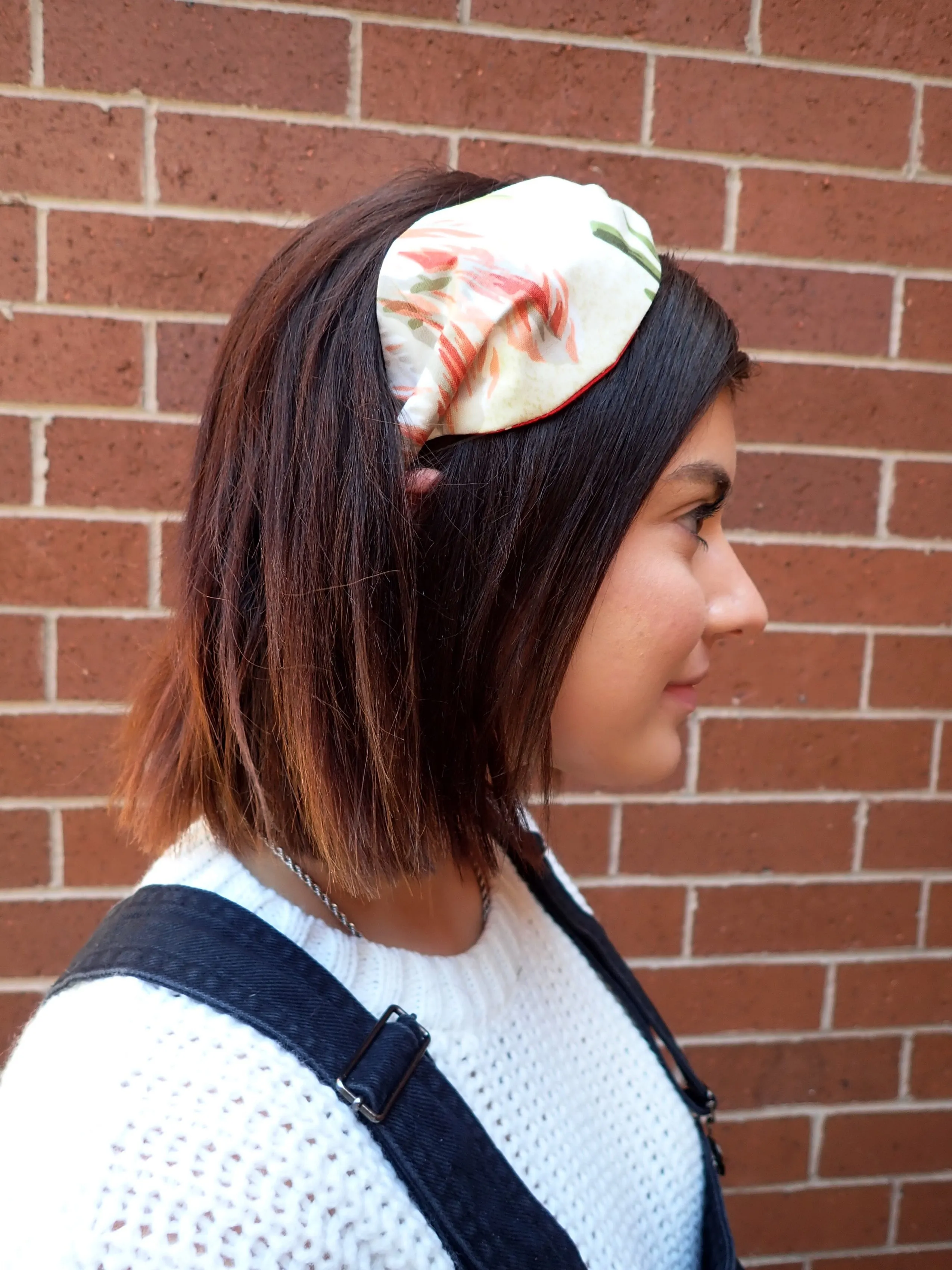 Ladies Green, Burnt Red and Tan Floral Turban Headband. Repurposed Fabric Headband Hat Accessory.